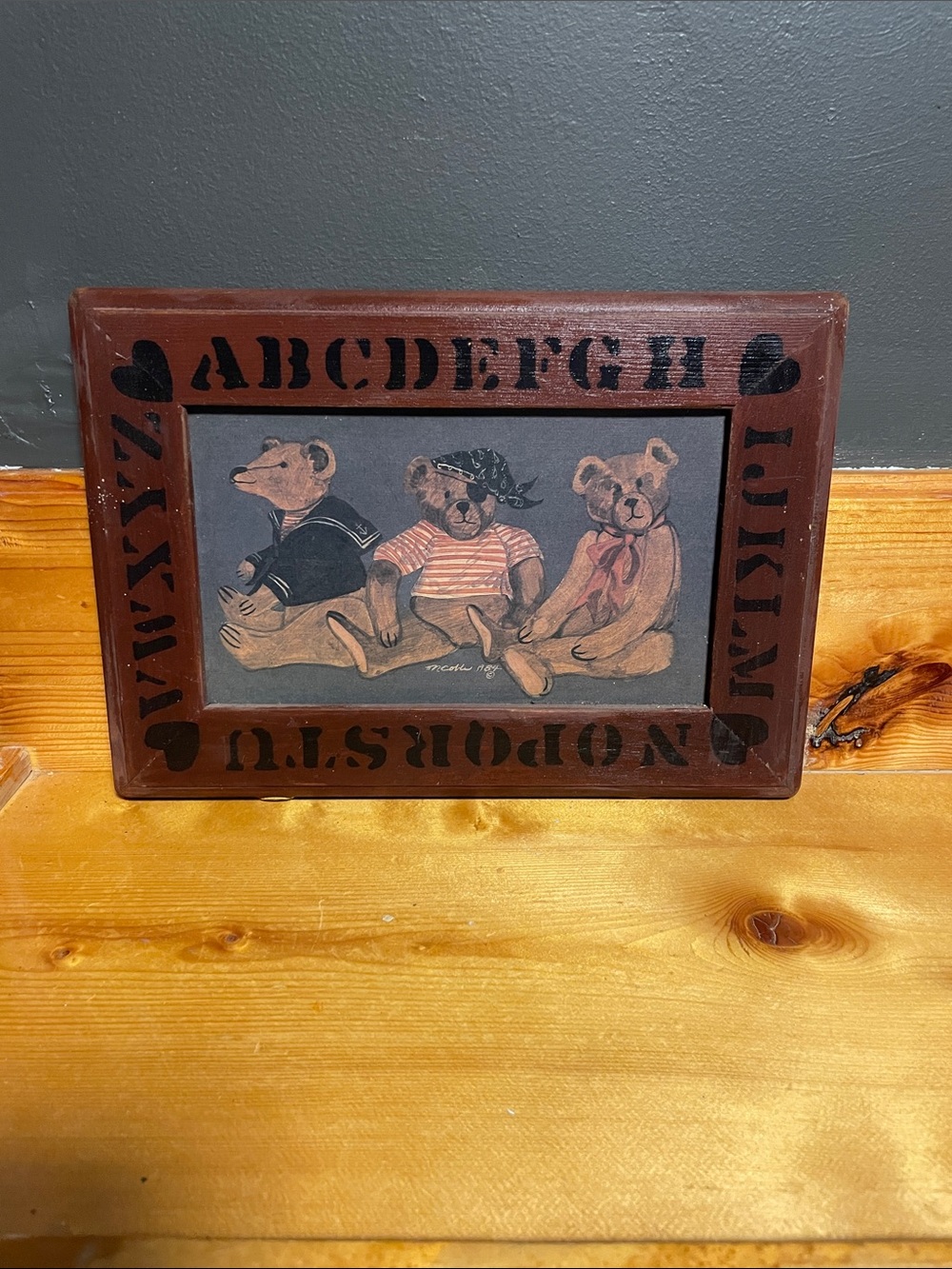 Handcrafted Vintage 1980’s Cottagecore Rustic Brown Bear Trio Framed Art